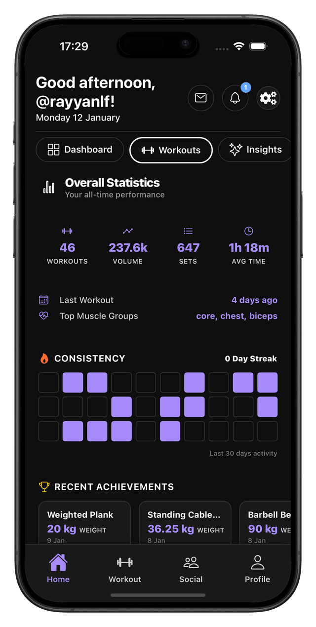 RepEight app home screen showing workout tracking interface