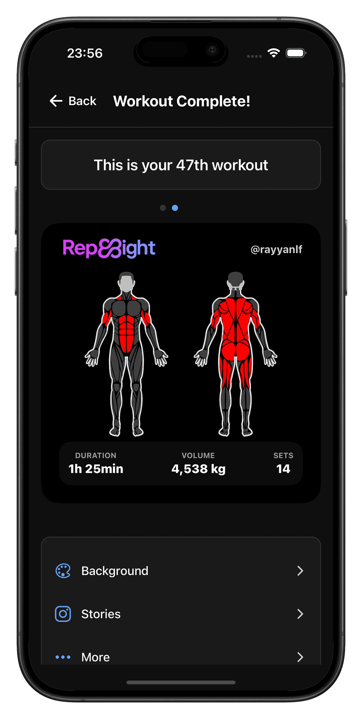 RepEight completed workout ready to share