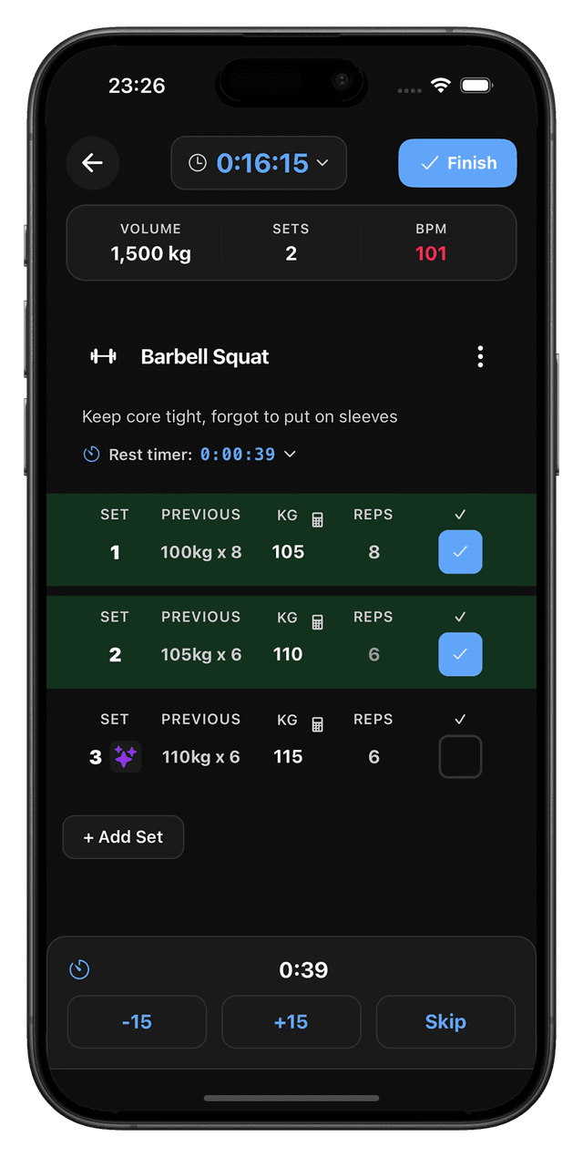 RepEight workout session with set logging and rest timer