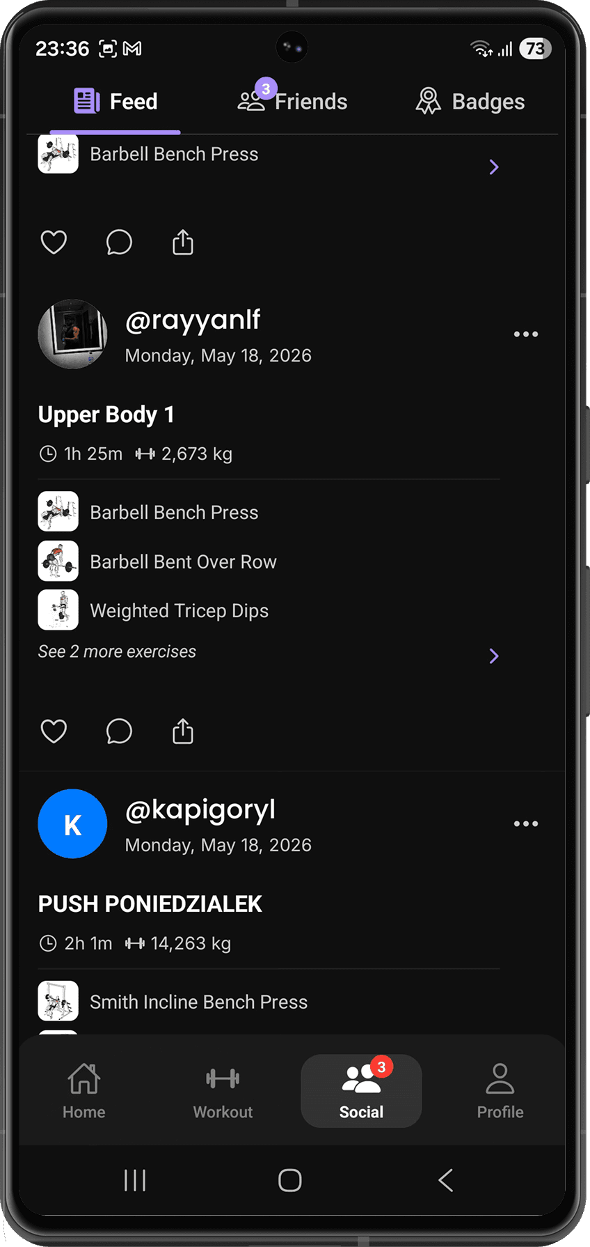 RepEight for Android showing the workout tracker home screen
