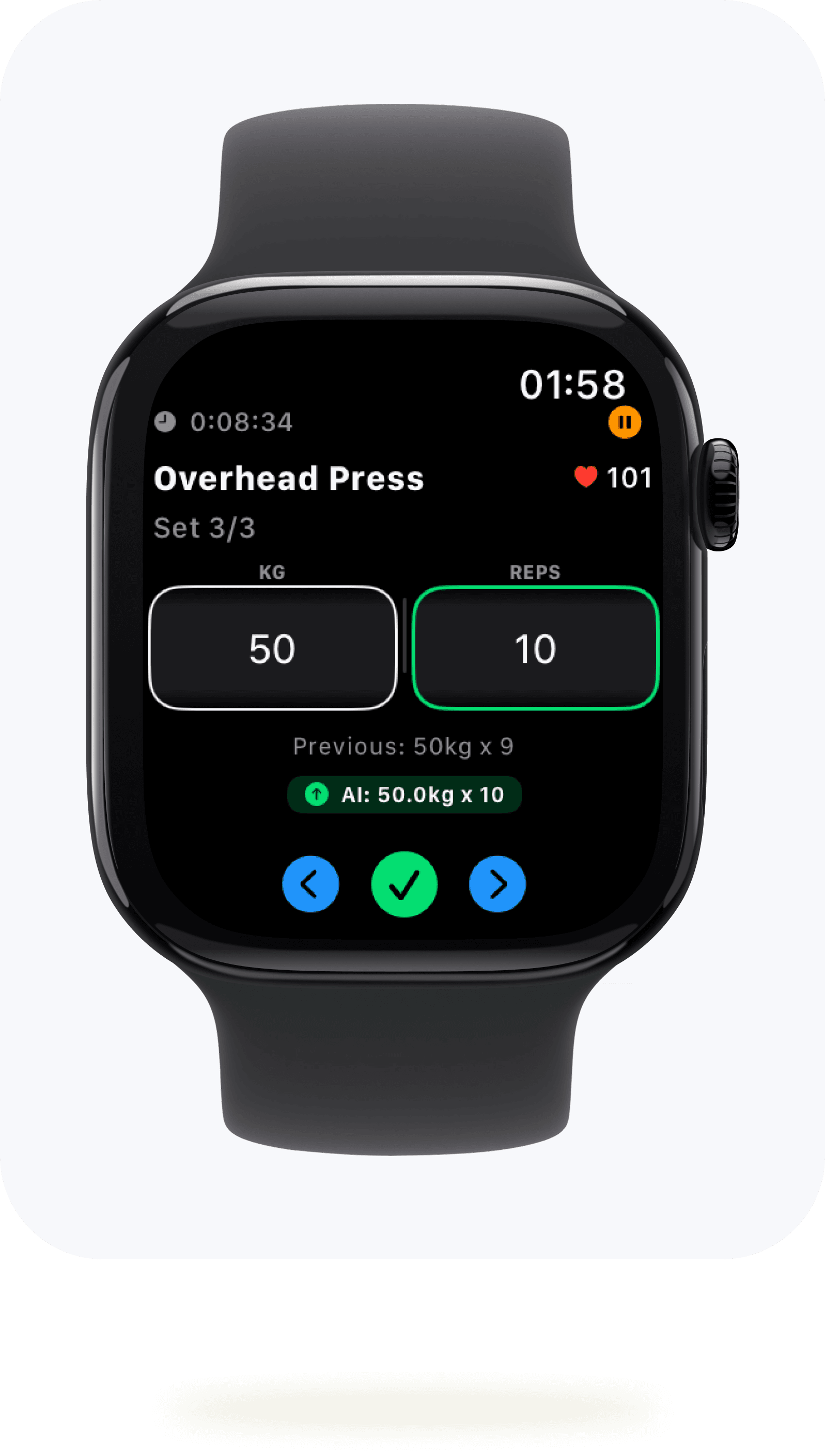 RepEight Apple Watch app showing active set logging interface