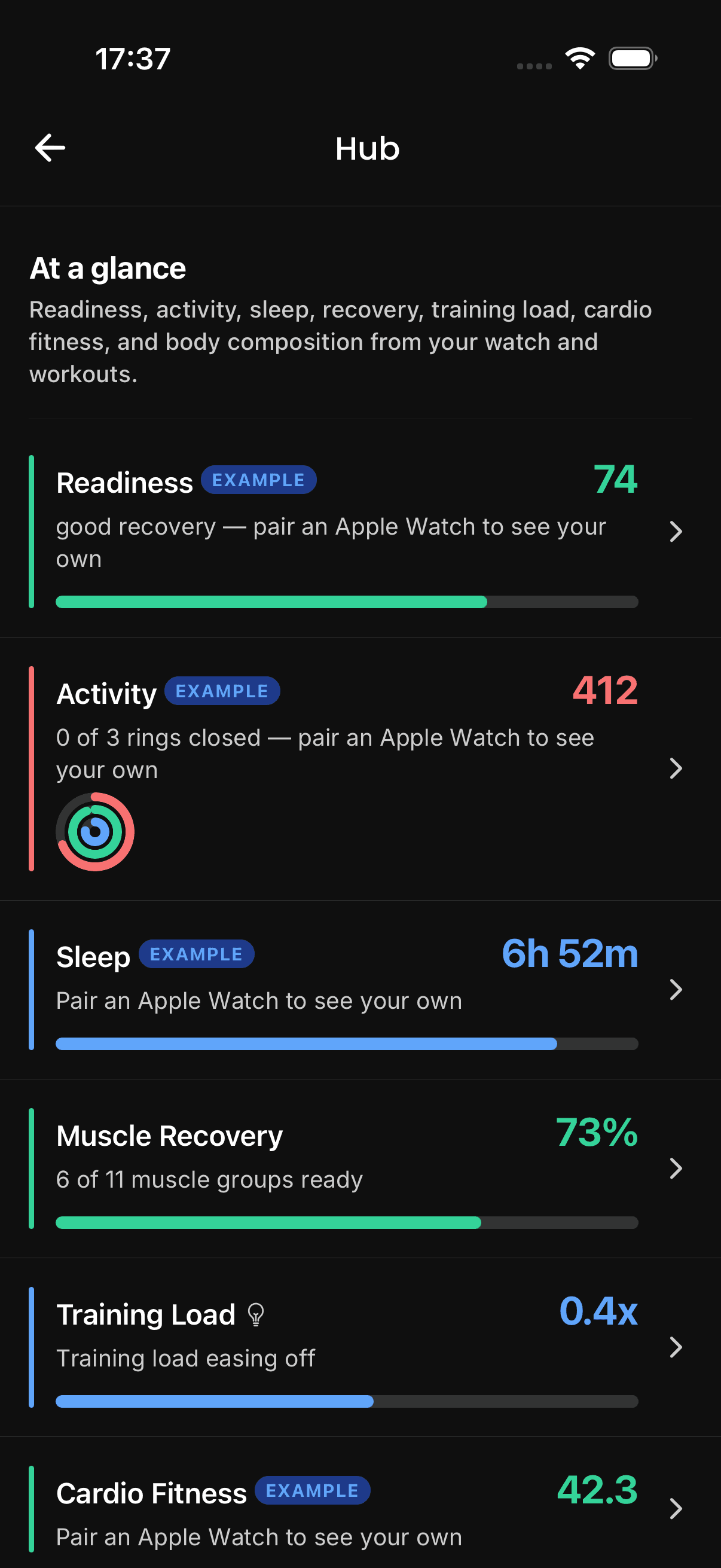 RepEight Hub with readiness, sleep and recovery cards