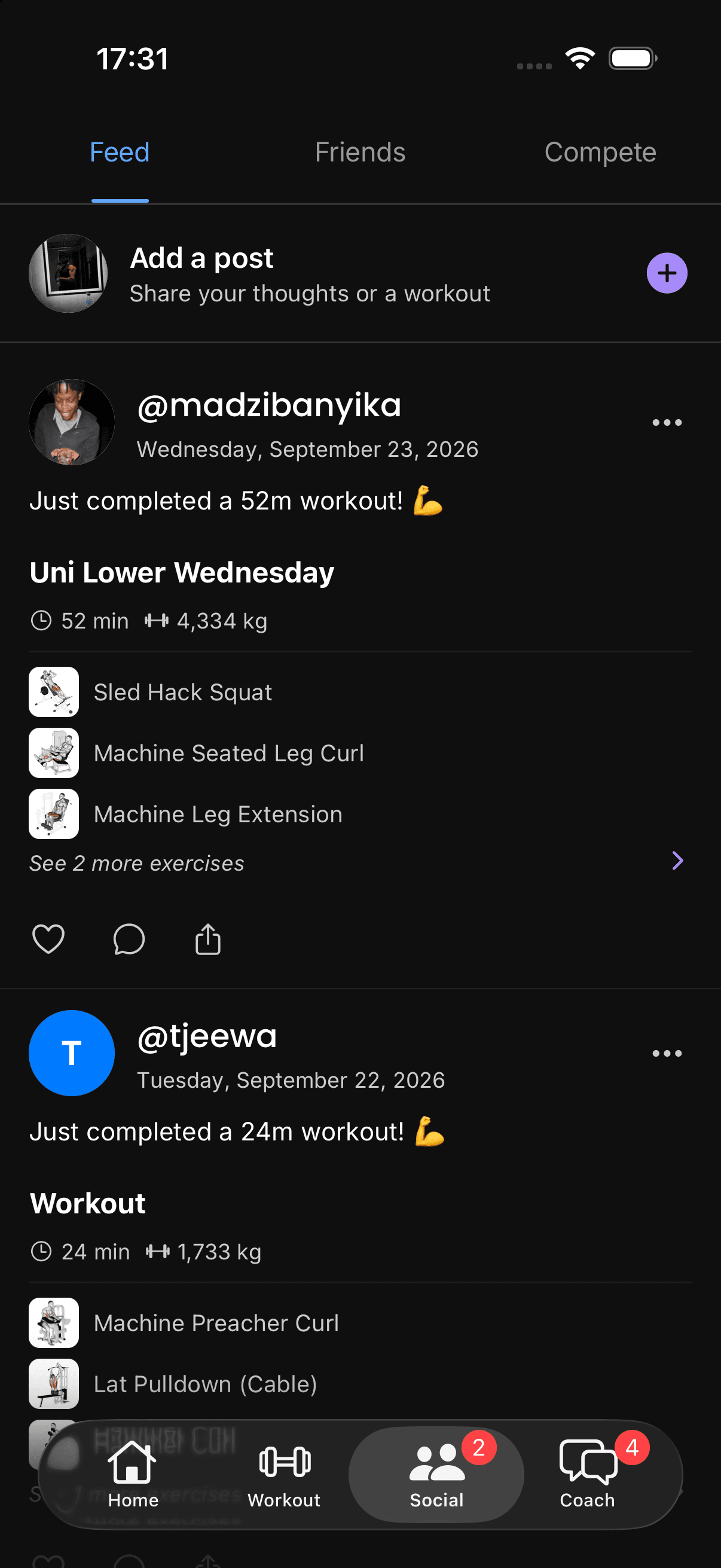 RepEight friends workout feed